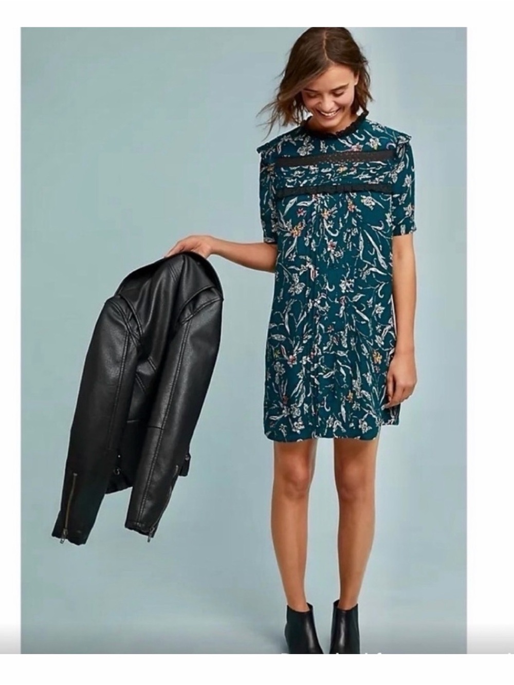Anthropologie Teal Floral Long Sleeve Dress